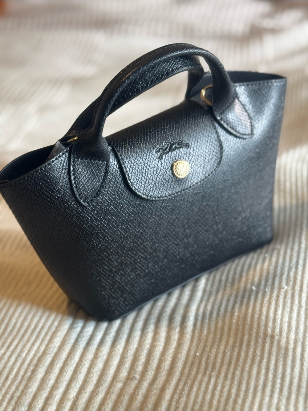 Longchamp Black Textured Leather Top-Handle Satchel with Gold Accent